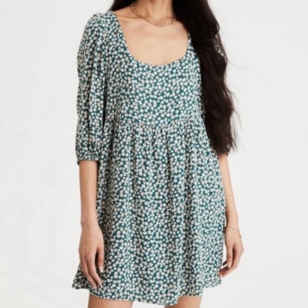 American Eagle Green/Daisy Tie-Back Babydoll Dress in size XS